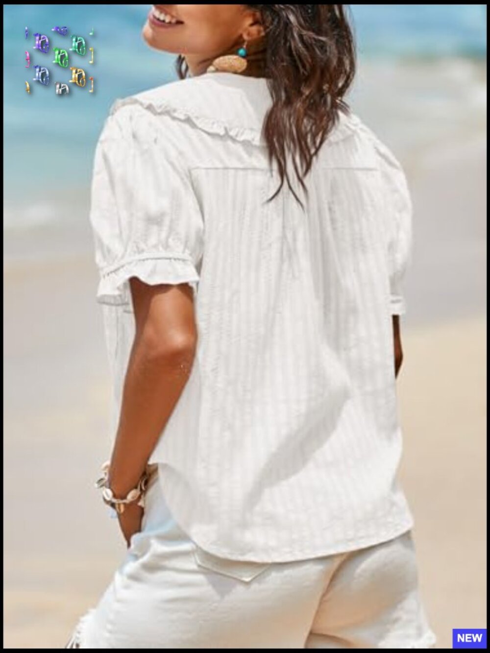 Puff Sleeve Peter Pan Collar Button Down Blouse Casual Textured Cotton Top - Picture 5 of 7